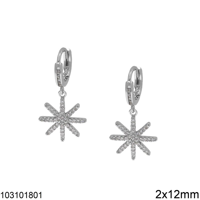 Σκουλαρίκια Ασημένια 925 Κρίκοι με Κρεμαστή Χιονονυφάδα και Πέτρες 2x12mm