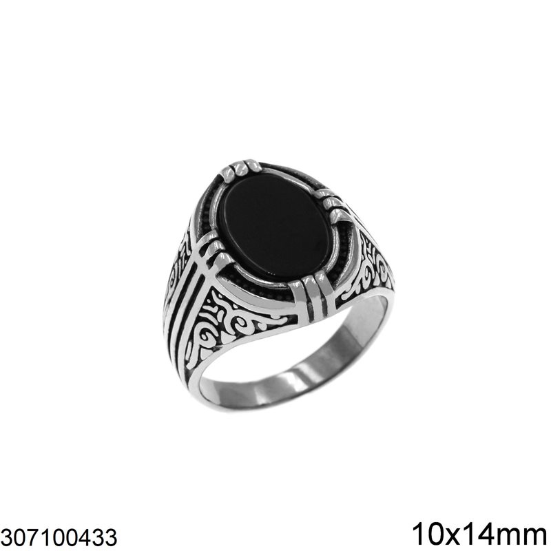 Δαχτυλίδι Ατσάλινο Ανδρικό με Οβάλ Πέτρα Όνυχα και Σχέδιο 10x14mm