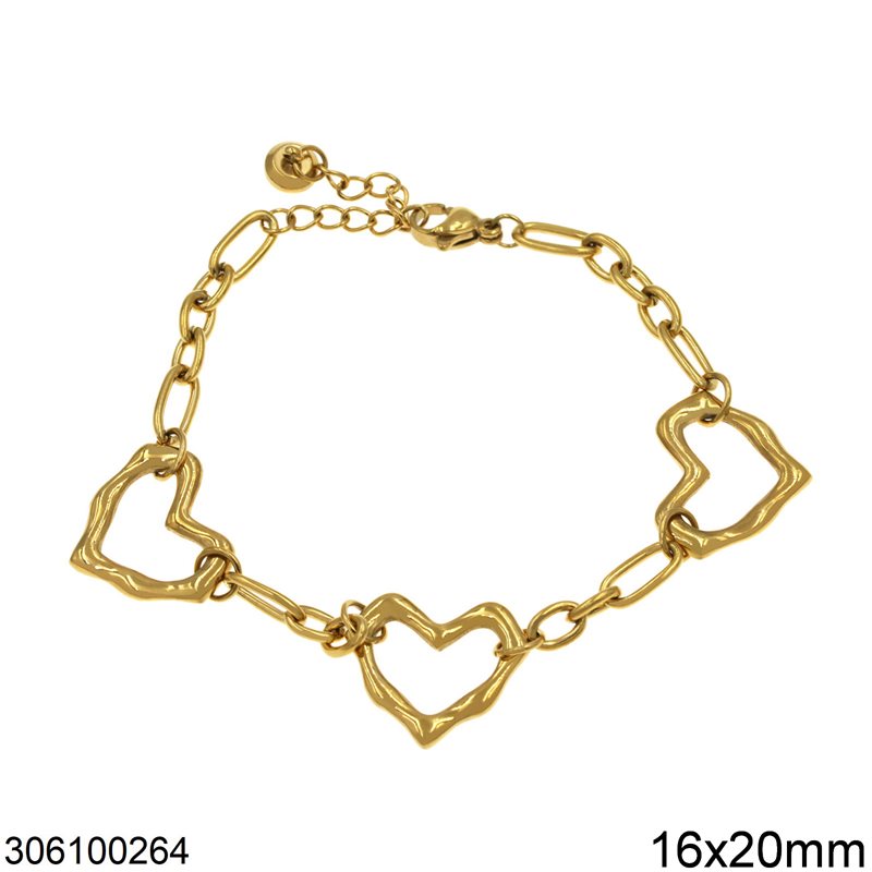 Stainless Steel Bracelet Oval Hoops Chain with Hearts 16x20mm