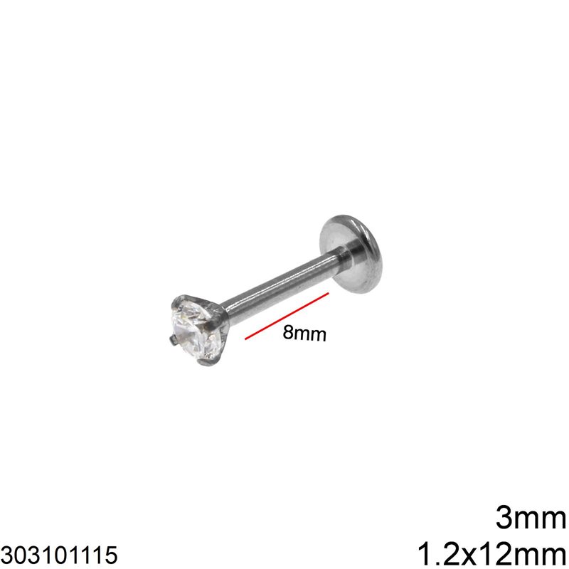 Σκουλαρίκι Τιτάνιο Μπάρα με Ζιργκόν 1.2x12mm και Τάπα 3mm